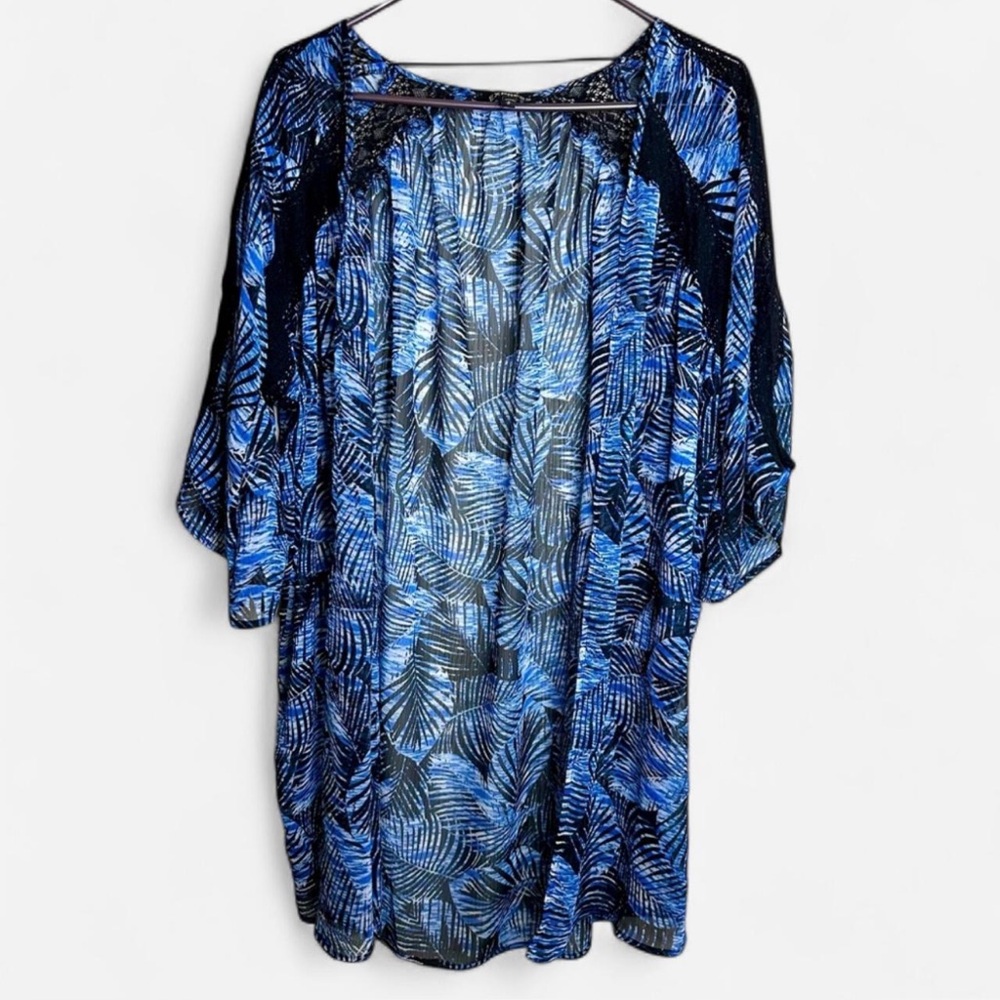 Express Blue Palm Leaf Sheer Kimono with Lace Insets – Size Medium